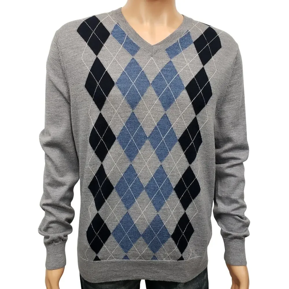 Banana Republic 100% Merino Wool Sweater Men L Argyle Diamond V Neck Gray Blue
